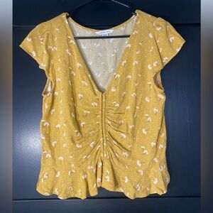 American Eagle Outfitters Mustard Yellow Floral Ruched V-Neck Top